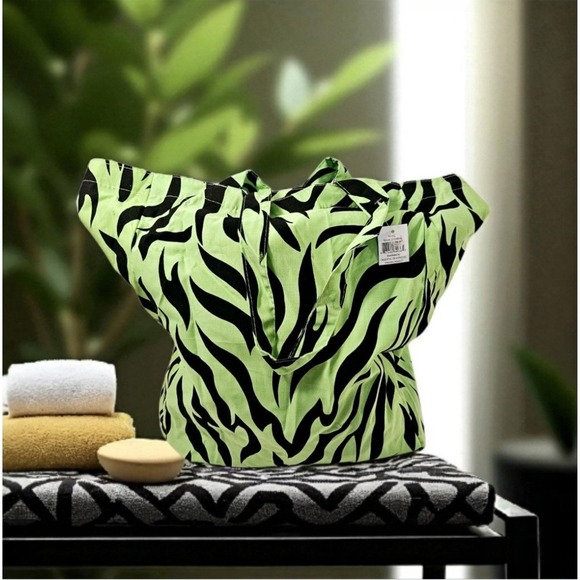 NWT Lime Green and Black Zebra Print Canvas Tote Bag, Reusable Shopping Bag - Picture 1 of 3